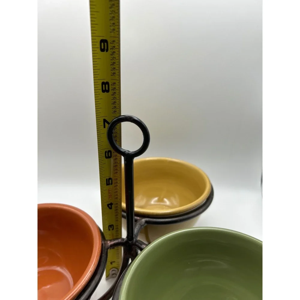 Tag Ceramic Dipping Bowl Set Metal Caddy Green Orange Yellow 3 Piece Set 7.25